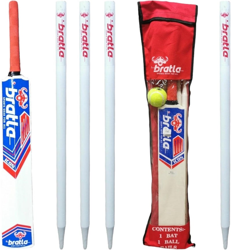 Bratla Complete Wooden Cricket Kit – Training Cricket Set with Bat, Tennis Ball, Stumps, Bail & Carry Bag – Available in Youth and Adult Sizes - Image 1